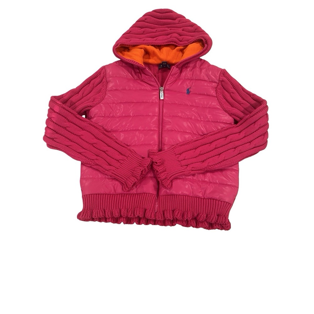 Polo Ralph Lauren Girls Pink Cable knit puffer‎ Jacket Size Large 12-14